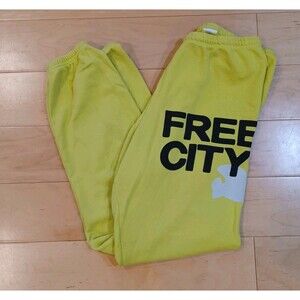 FREECITY Logo Jogger Sweatpants in Neon Yellow White Bird Size M Y2k 90s Retro